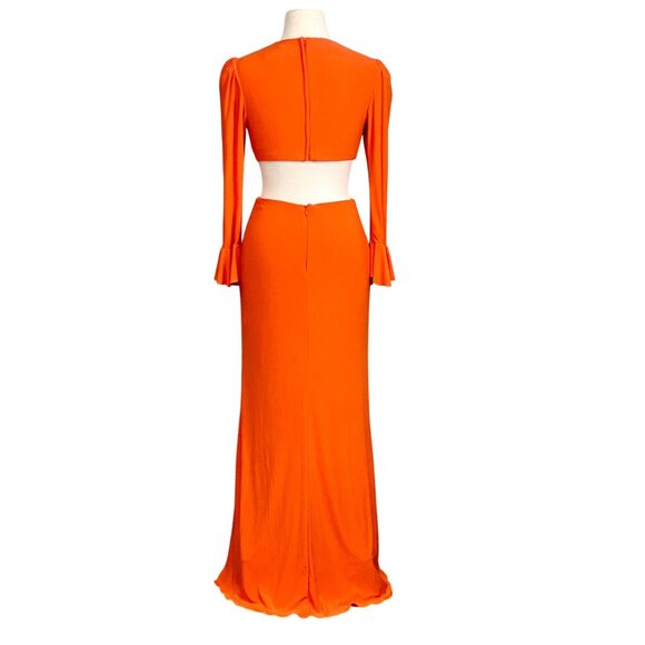 Mac Duggal Orange Long Sleeve Cutout Ruffle Cuffs Fitted Floor Length Dress Sz 0 - Picture 3 of 10